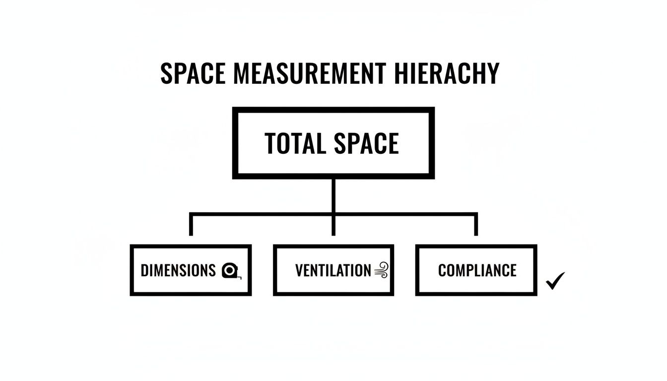 A diagram titled Space Measurement Hierarchy shows Total Space branching into Dimensions, Ventilation, and Compliance.