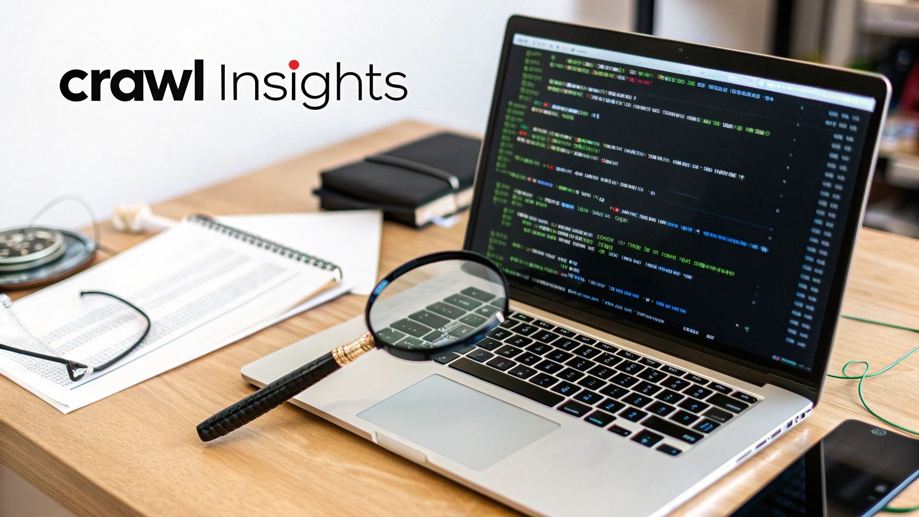 A magnifying glass on a laptop displaying code, with papers and glasses on a wooden desk. Logo: 'crawl Insights'.