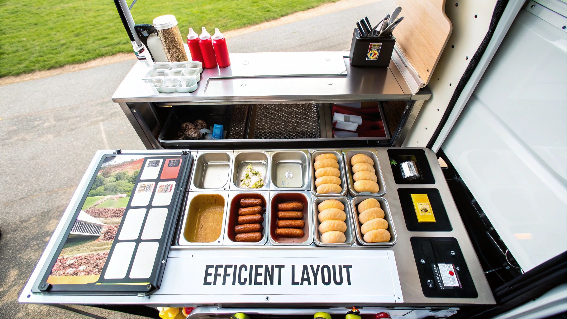 A mobile food station with an efficient layout, featuring hot dogs, buns, condiments, and cutlery.