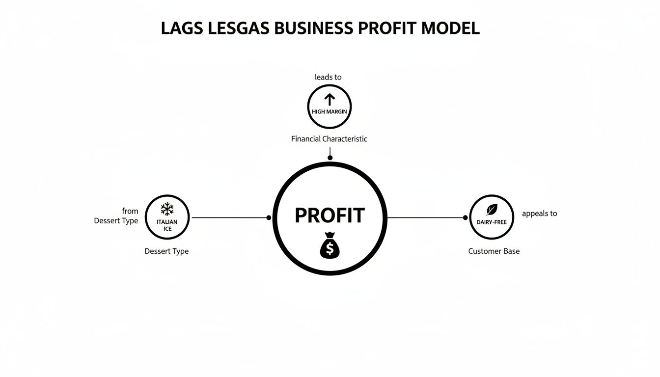 Lags Lesgas Business Profit Model diagram connecting Italian ice to profit, high margins, and dairy-free customers.