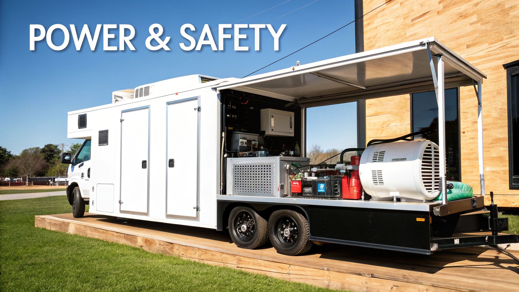 A white mobile power and safety unit with an open side, revealing specialized equipment, parked on a wooden platform.