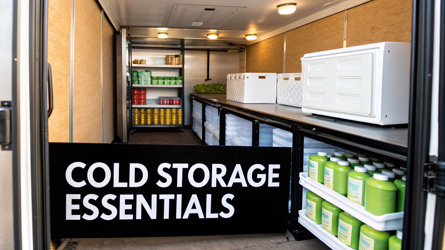Interior of a well-organized cold storage unit featuring green juice bottles and various supplies.
