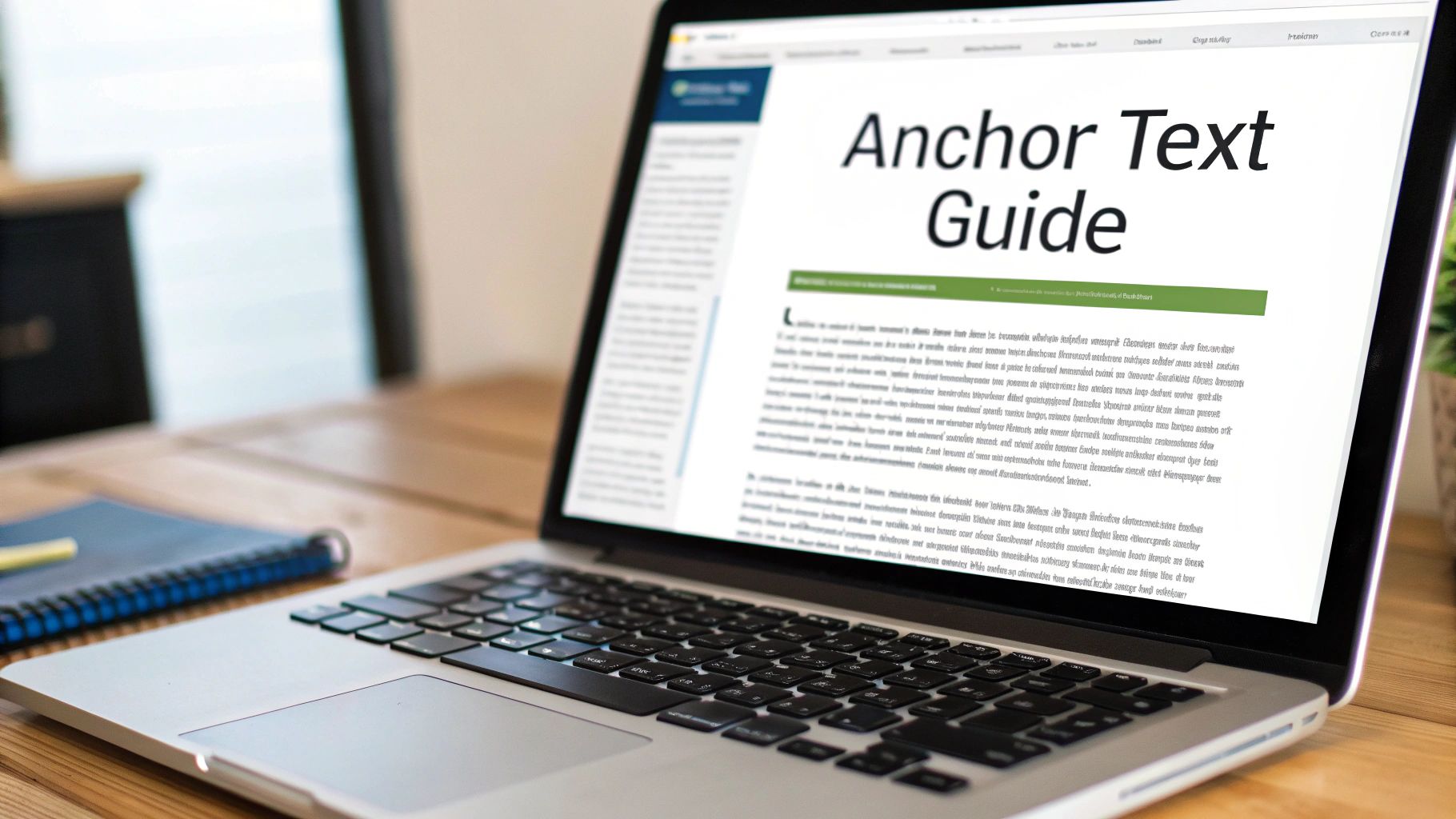 A laptop displaying an 'Anchor Text Guide' document on a wooden desk with a notebook and pen.