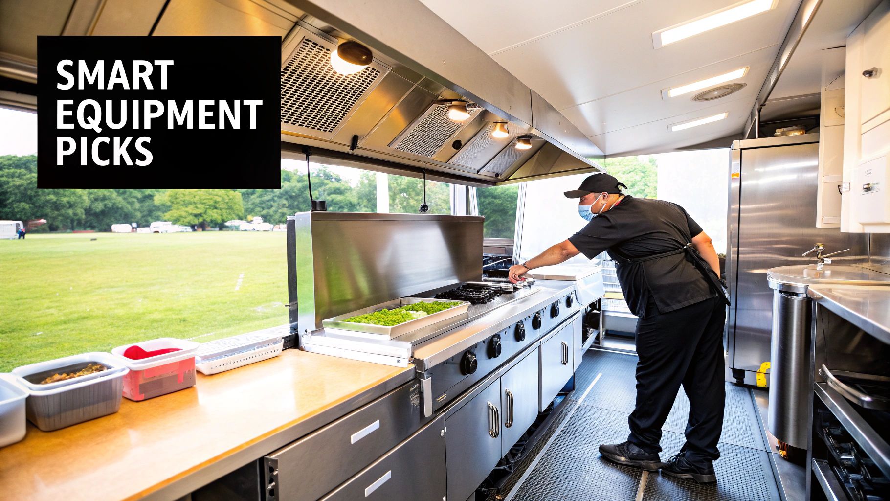 A chef in a mask cooking on a gas range inside a modern stainless steel food truck kitchen.