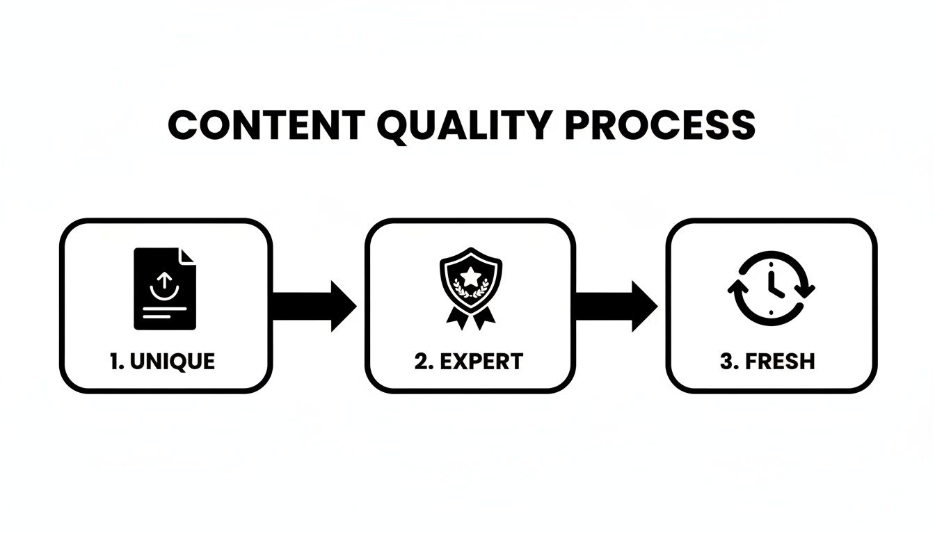 A diagram illustrating the content quality process with three steps: unique, expert, and fresh content.