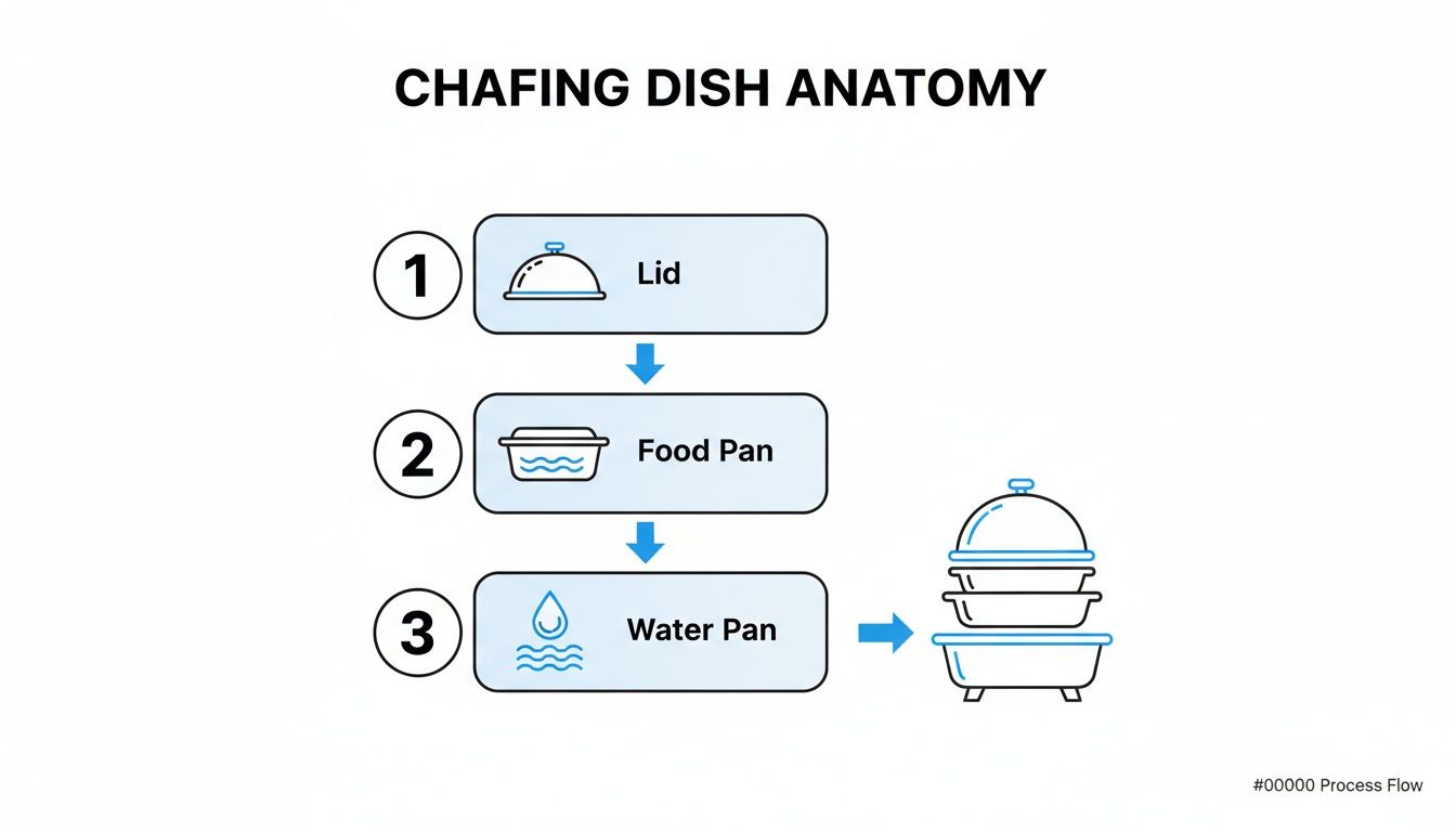 Diagram illustrating chafing dish anatomy with lid, food pan, and water pan, assembling into a complete unit.