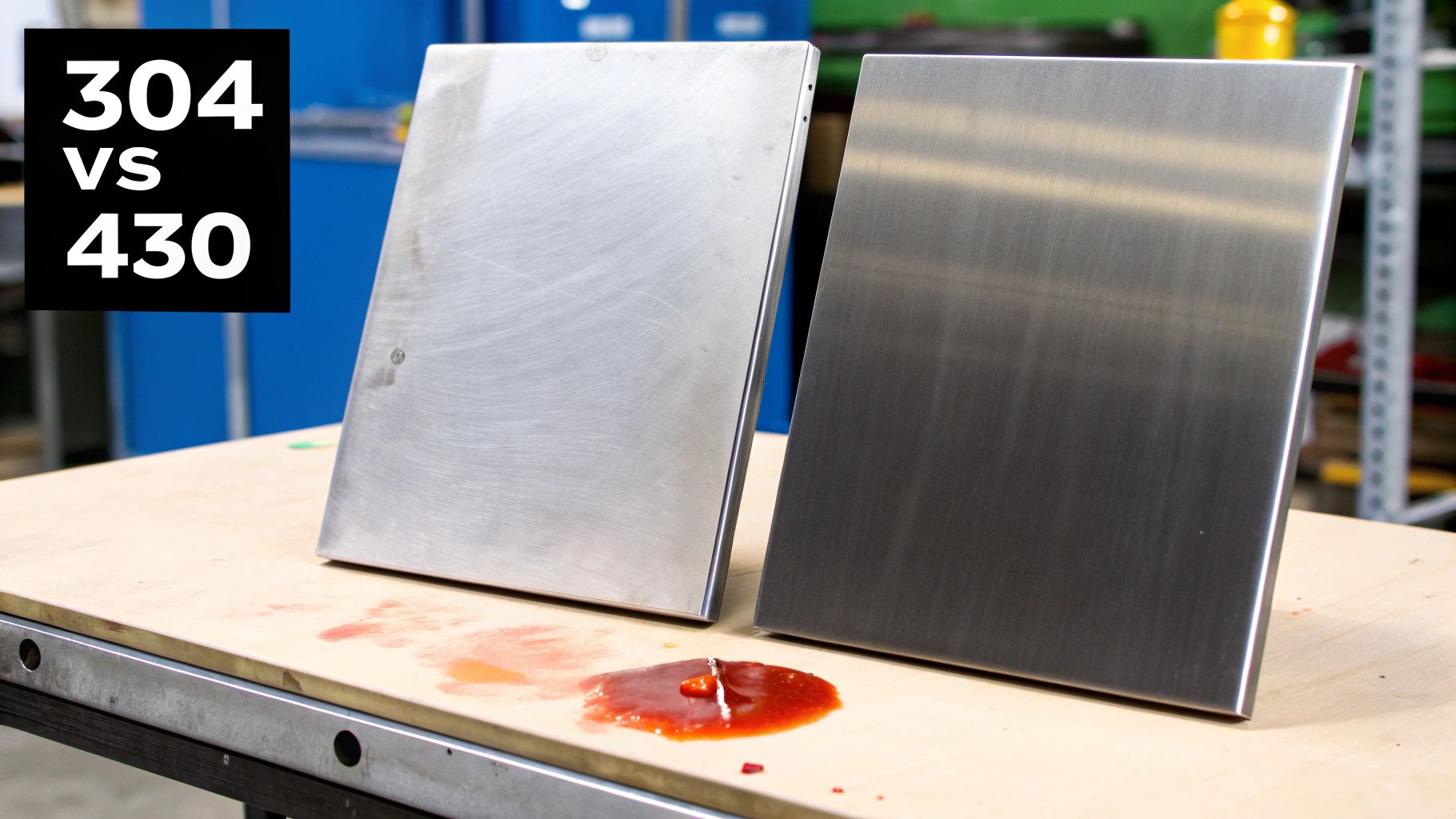 A corrosive liquid test comparing the durability of 304 versus 430 stainless steel plates.