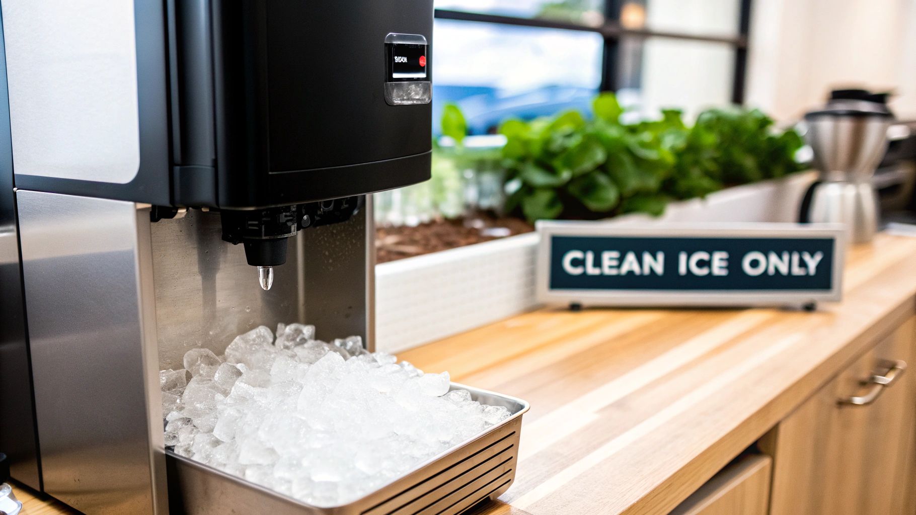 Close-up of a Scotsman ice machine dispensing fresh, clean ice into a bin on a wooden counter.