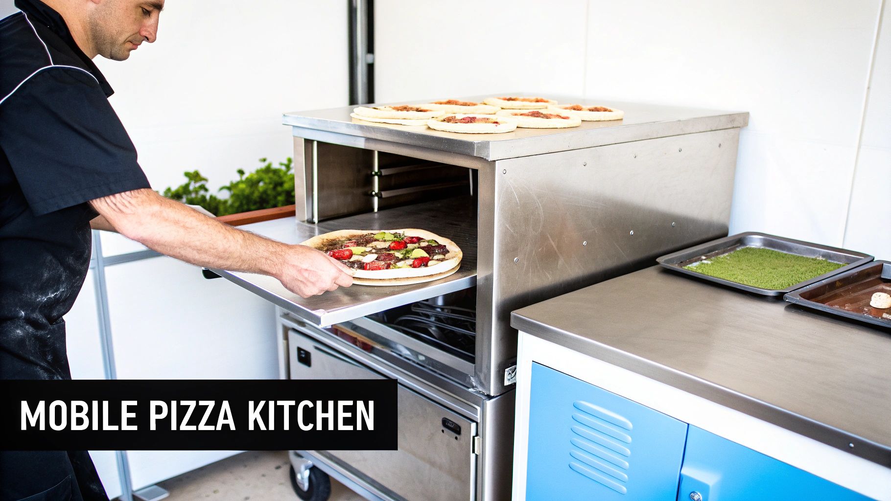 A close-up shot of a pizza being prepared on a stainless steel pizza prep table inside a food truck, with various toppings in containers.