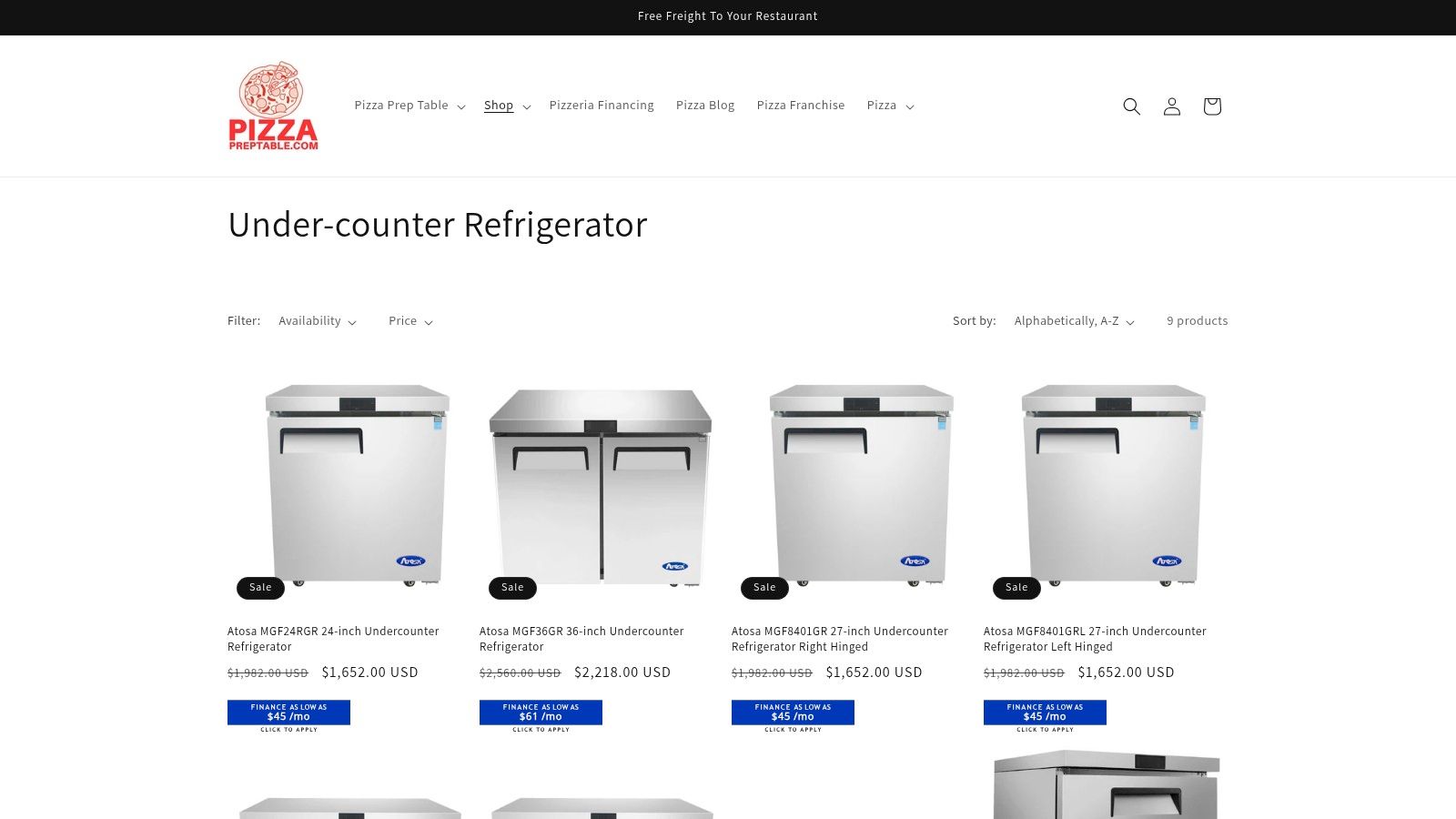 A collection of undercounter refrigerators from Pizza Prep Table's website, ideal for commercial kitchens.