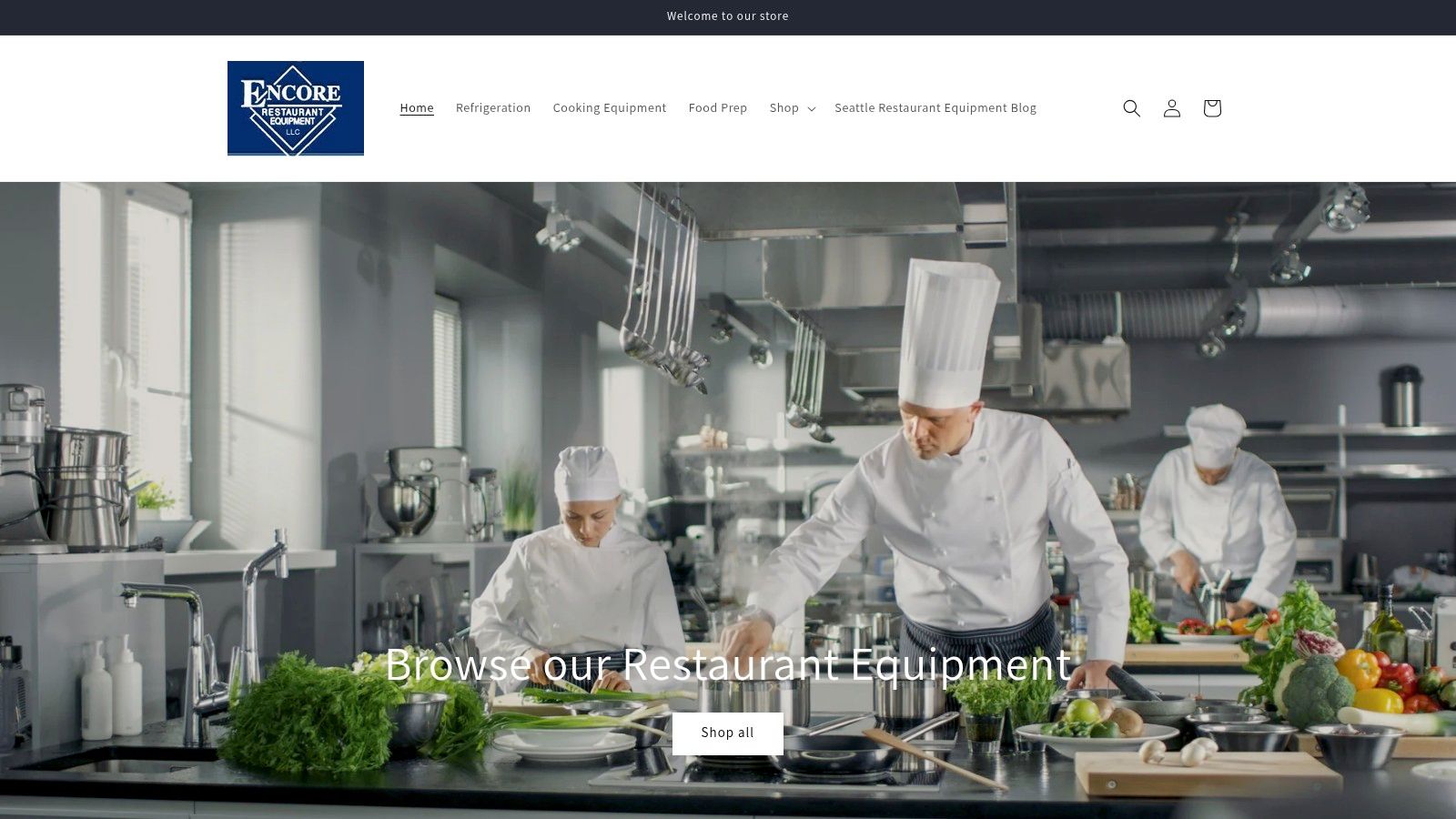 Encore Restaurant Equipment's homepage showcasing their wide selection of kitchen equipment for various food service businesses.