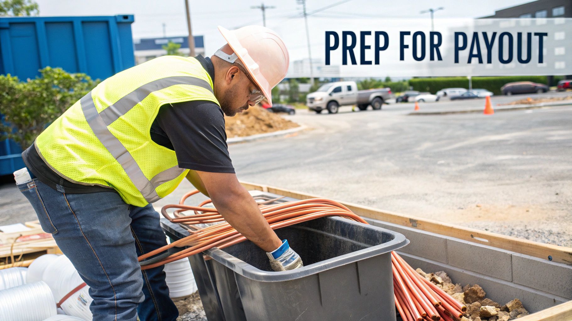 A construction worker in a hard hat and safety vest organizes copper pipes in a bin at a job site.