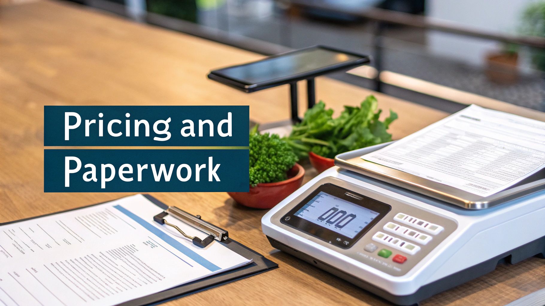 A desk with a digital scale, documents, and fresh greens, featuring 'Pricing and Paperwork' text.