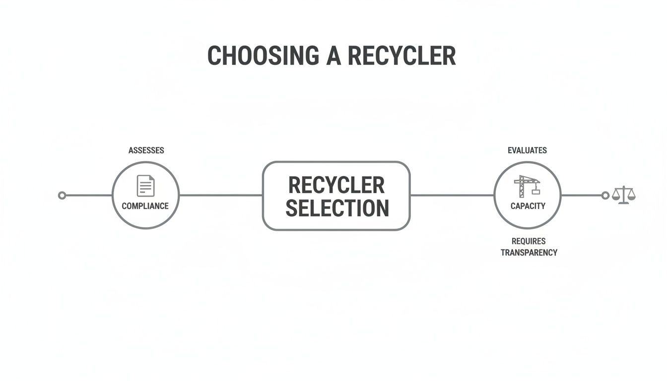 Flowchart illustrating the process of choosing a recycler, from compliance assessment to capacity and transparency evaluation.