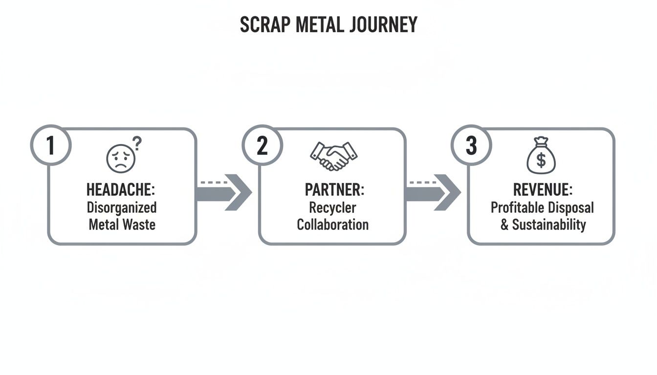 A three-step flowchart shows the scrap metal journey from waste to profitable disposal and sustainability.