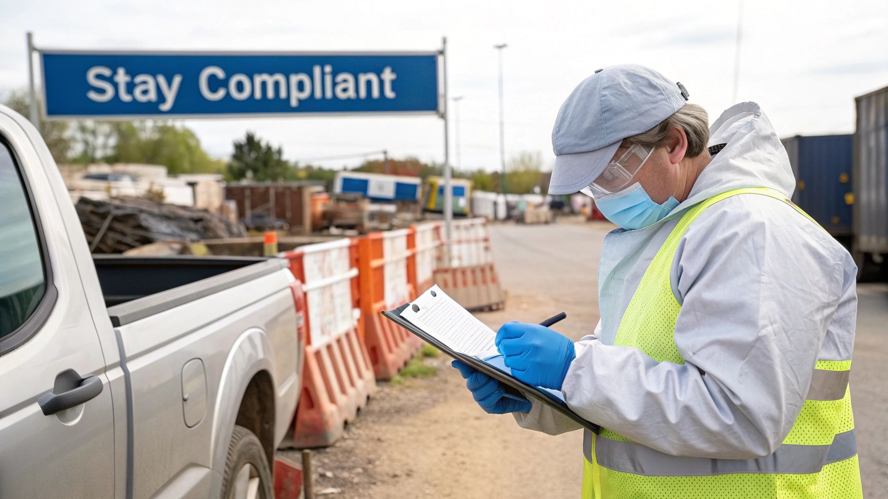 An inspector in PPE writes on a clipboard near a pickup truck with a "Stay Compliant" sign.