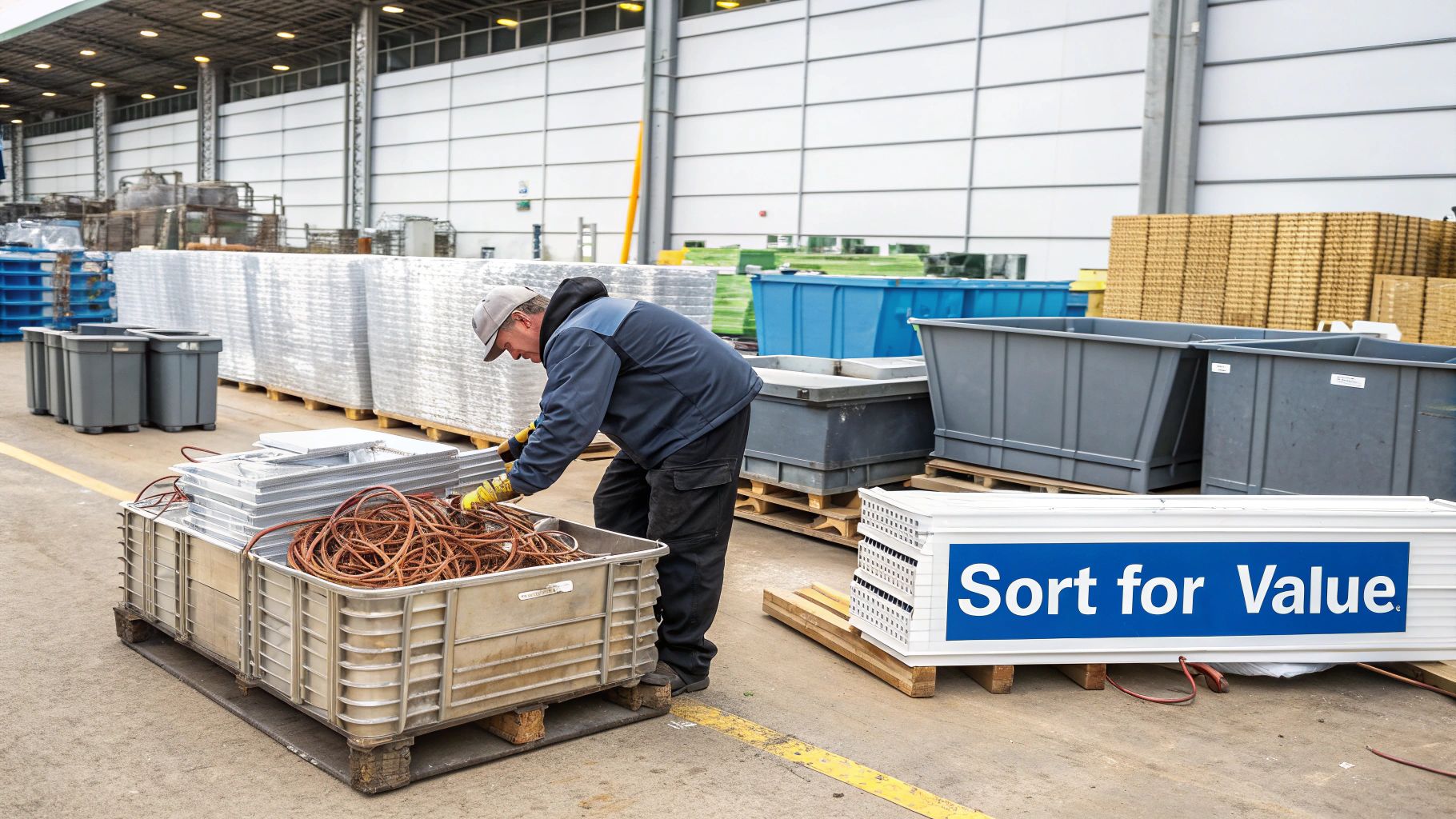A man in a warehouse sorts various scrap metals, including copper wires, into a large container.