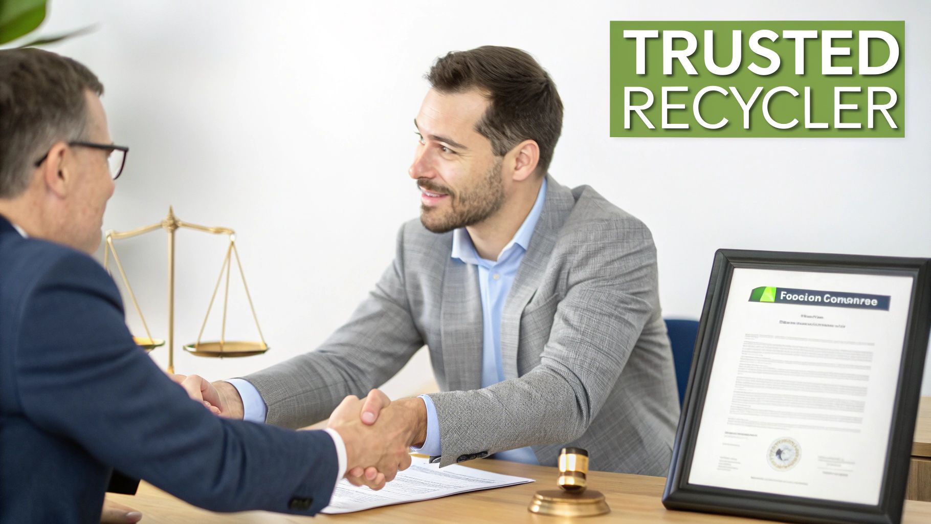 Two men in suits shaking hands across a desk, with a 'Trusted Recycler' sign above.