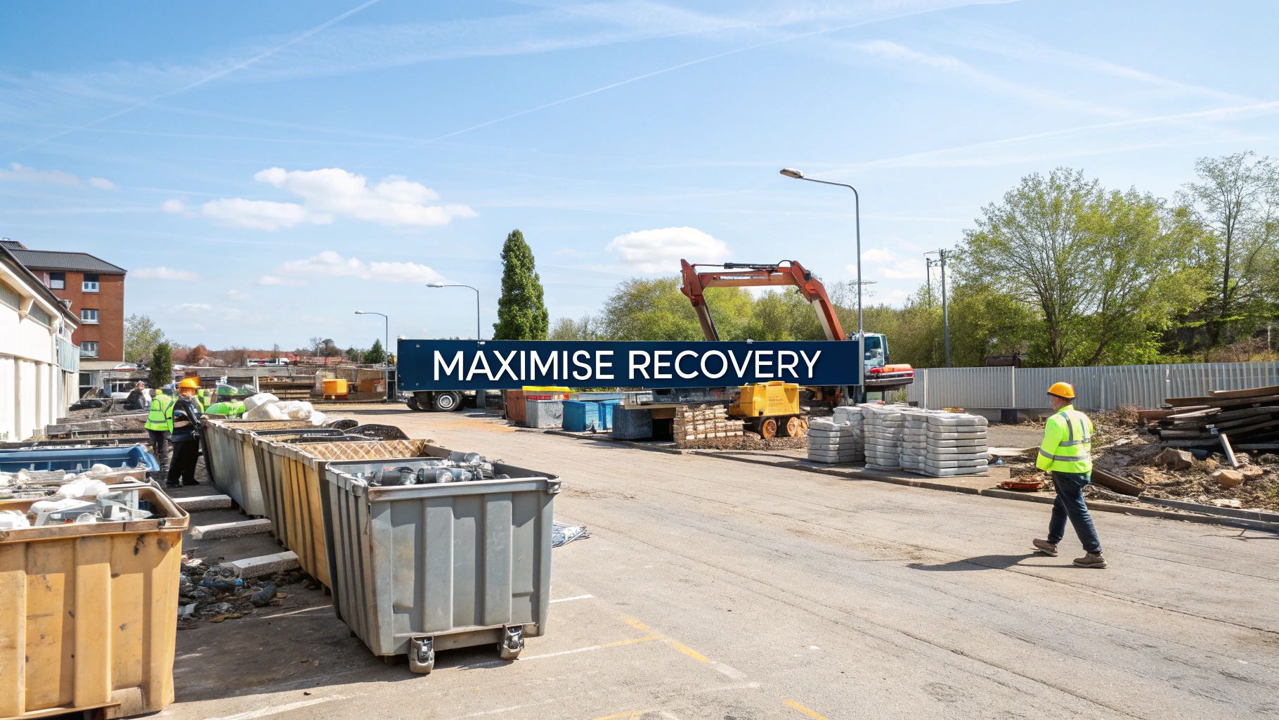 Construction workers at a bustling scrap metal recycling yard with large bins and machinery, promoting 'MAXIMISE RECOVERY'.