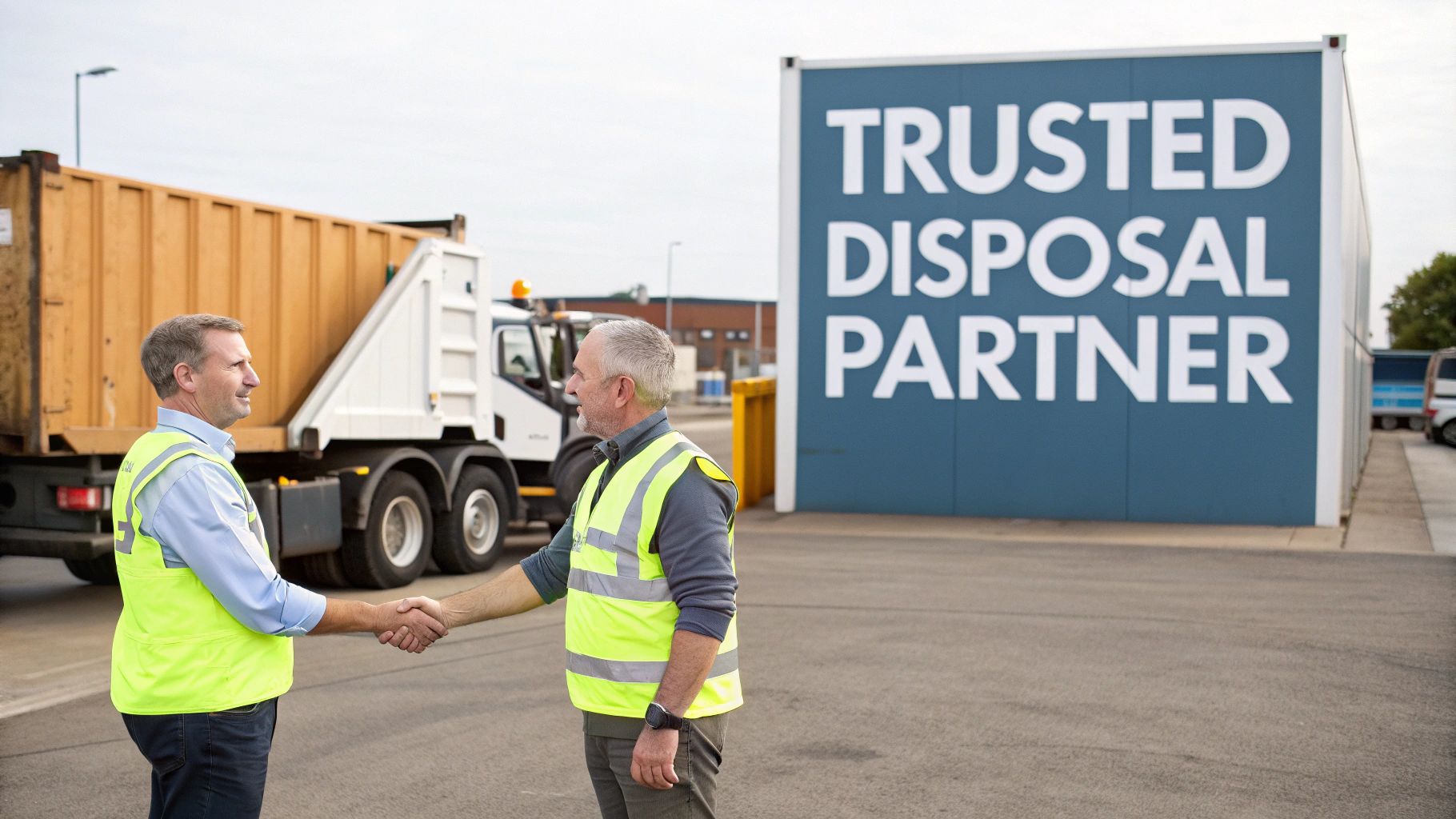 Two men in high-visibility vests shake hands by a recycling truck and 'Trusted Disposal Partner' sign.