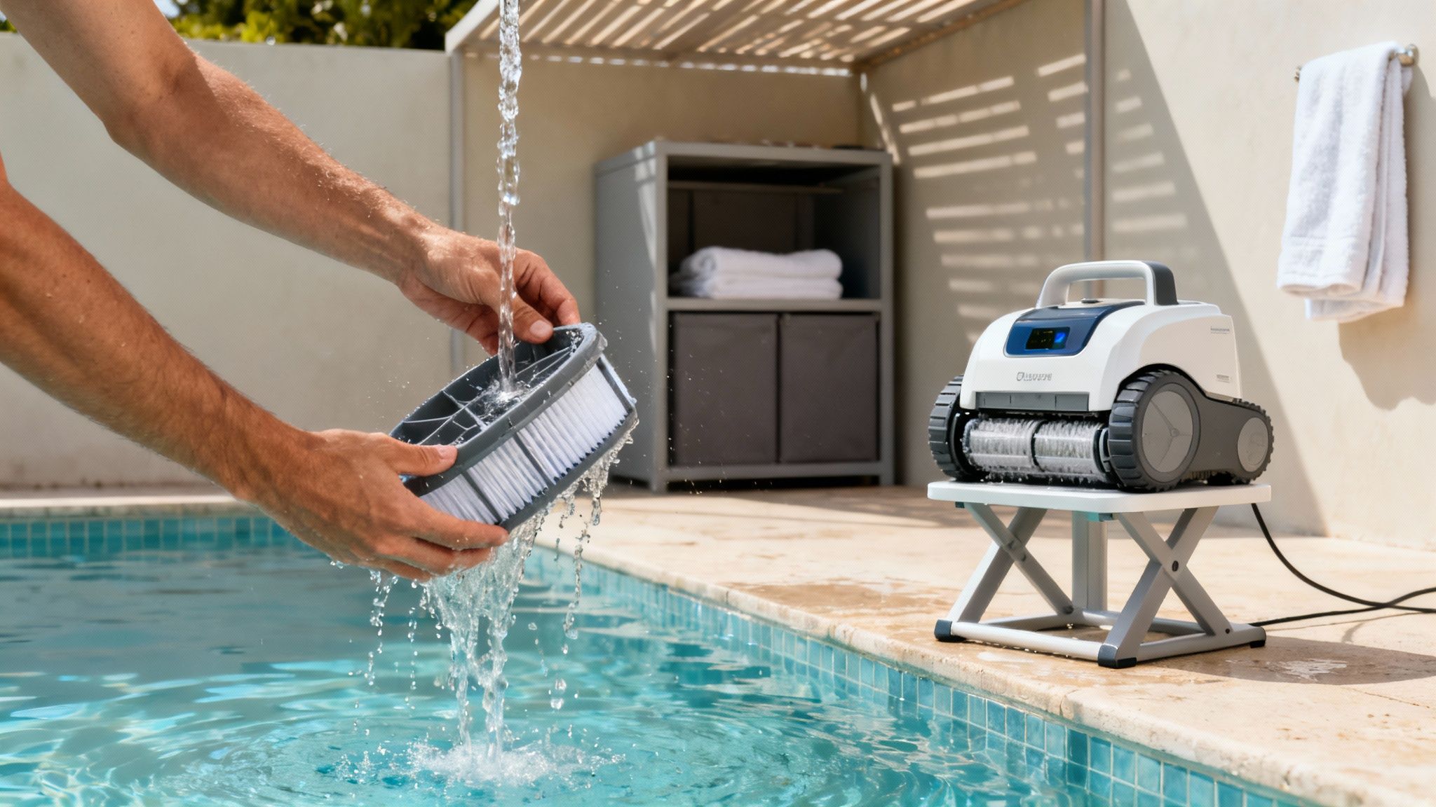 cordless pool robot filter cleaning - Le guide ultime du robot sans fil pour piscine pour un nettoyage parfait Une personne nettoie un filtre de piscine avec de l'eau, près d'un robot nettoyeur de piscine.