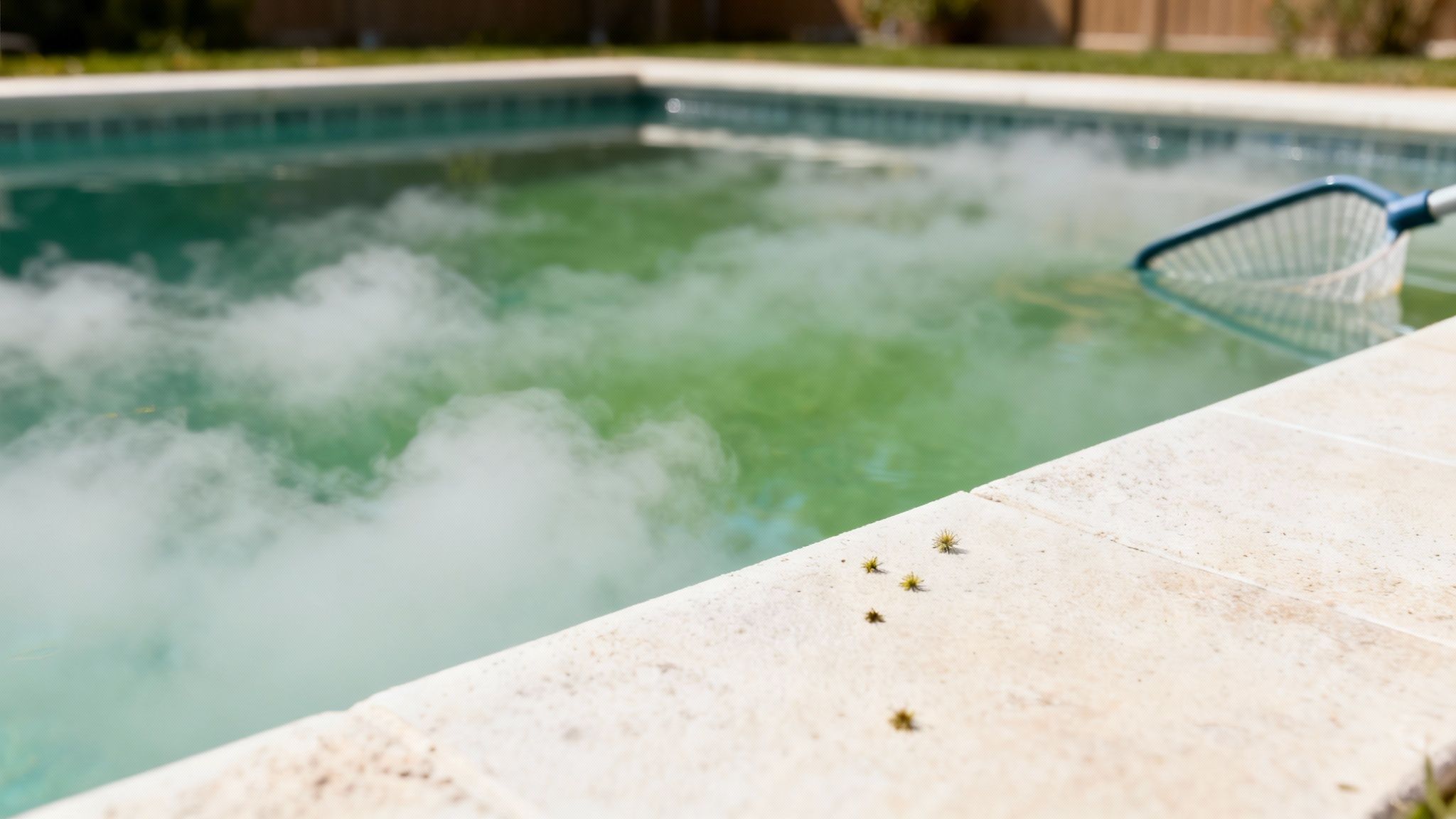 murky pool water foggy pool - Évitez les eaux troubles piscine : conseils rapides et efficaces Piscine verdâtre et brumeuse avec un écumoire de surface, des graines sur le bord ensoleillé.