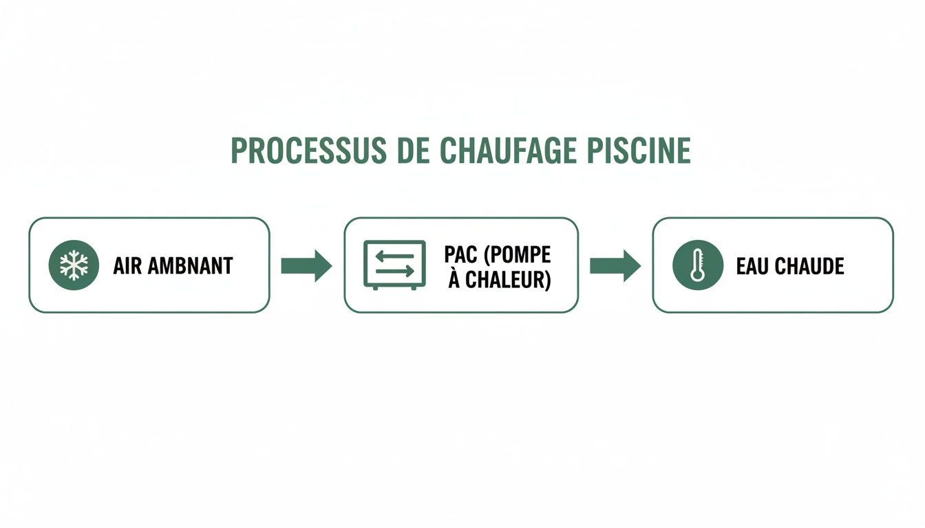 heat pump pool heating process - Le guide de la pompe à chaleur pour piscine, spa et bain nordique en Belgique et Luxembourg Schéma illustrant le processus de chauffage d'une piscine par pompe à chaleur, transformant l'air ambiant en eau chaude.