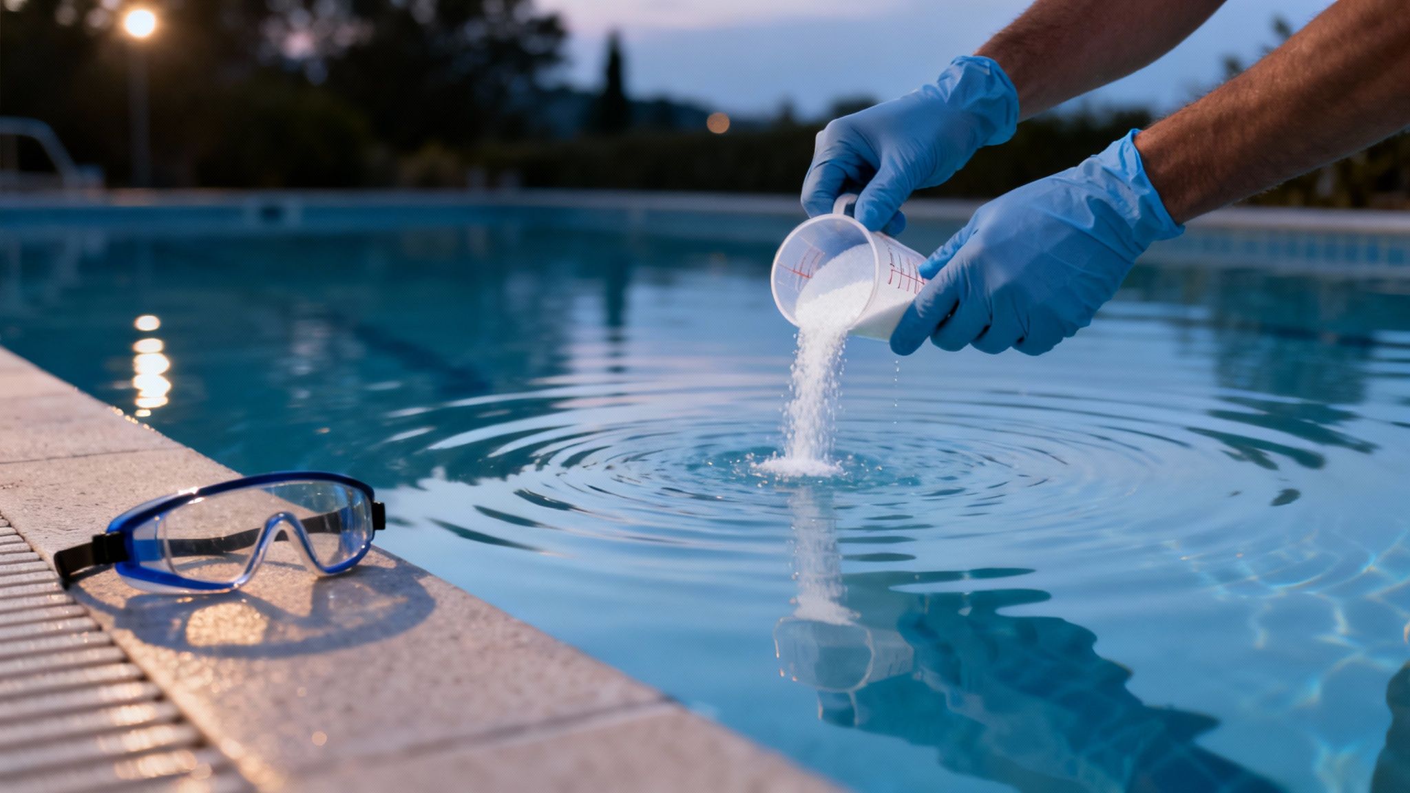 pool anti algae pool chemicals - Anti algue piscine le guide pour une eau cristalline Une personne avec des gants bleus verse un produit anti-algues dans une piscine, avec des lunettes de natation au bord.