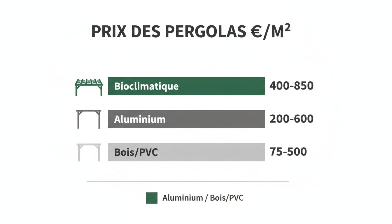 bioclimatic pergola price price comparison - Pergola bioclimatique prix : Estimer le coût en Belgique Graphique comparatif des prix des pergolas bioclimatiques, aluminium, bois et PVC au mètre carré.