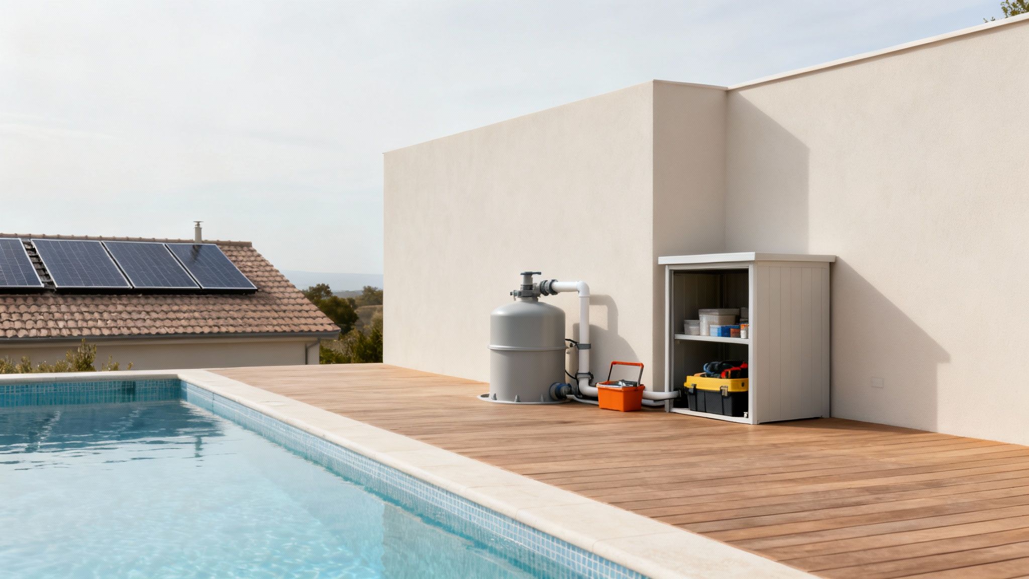 cost of shell pools pool area - Le guide complet du prix des piscines en coque en Belgique Piscine moderne avec terrasse en bois, système de filtration et rangement, sous des panneaux solaires.