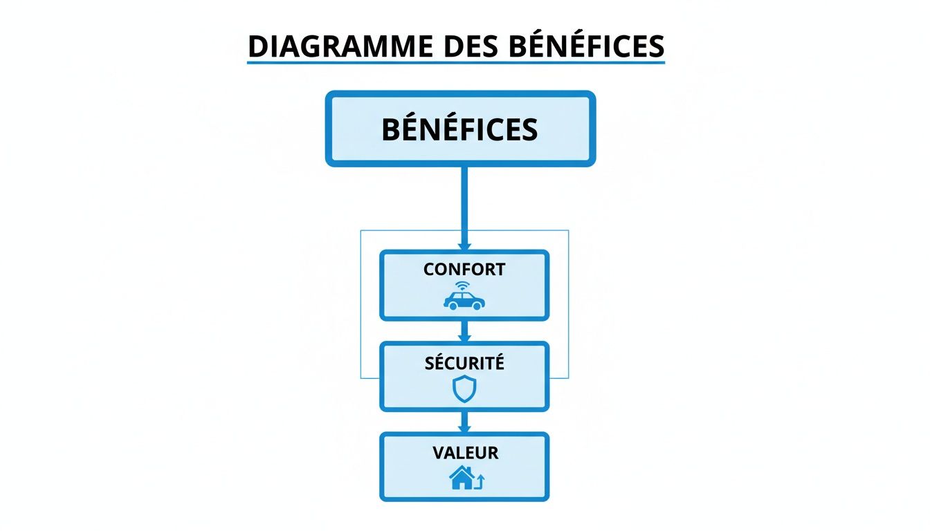 Diagramme des bénéfices illustrant le confort (voiture connectée), la sécurité (bouclier) et la valeur (maison en hausse).