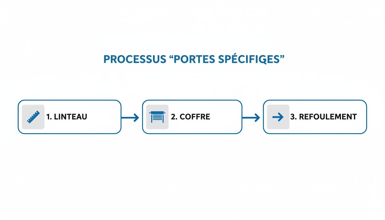 Diagramme de processus pour portes spécifiques, détaillant les étapes clés du linteau, coffre et refoulement.