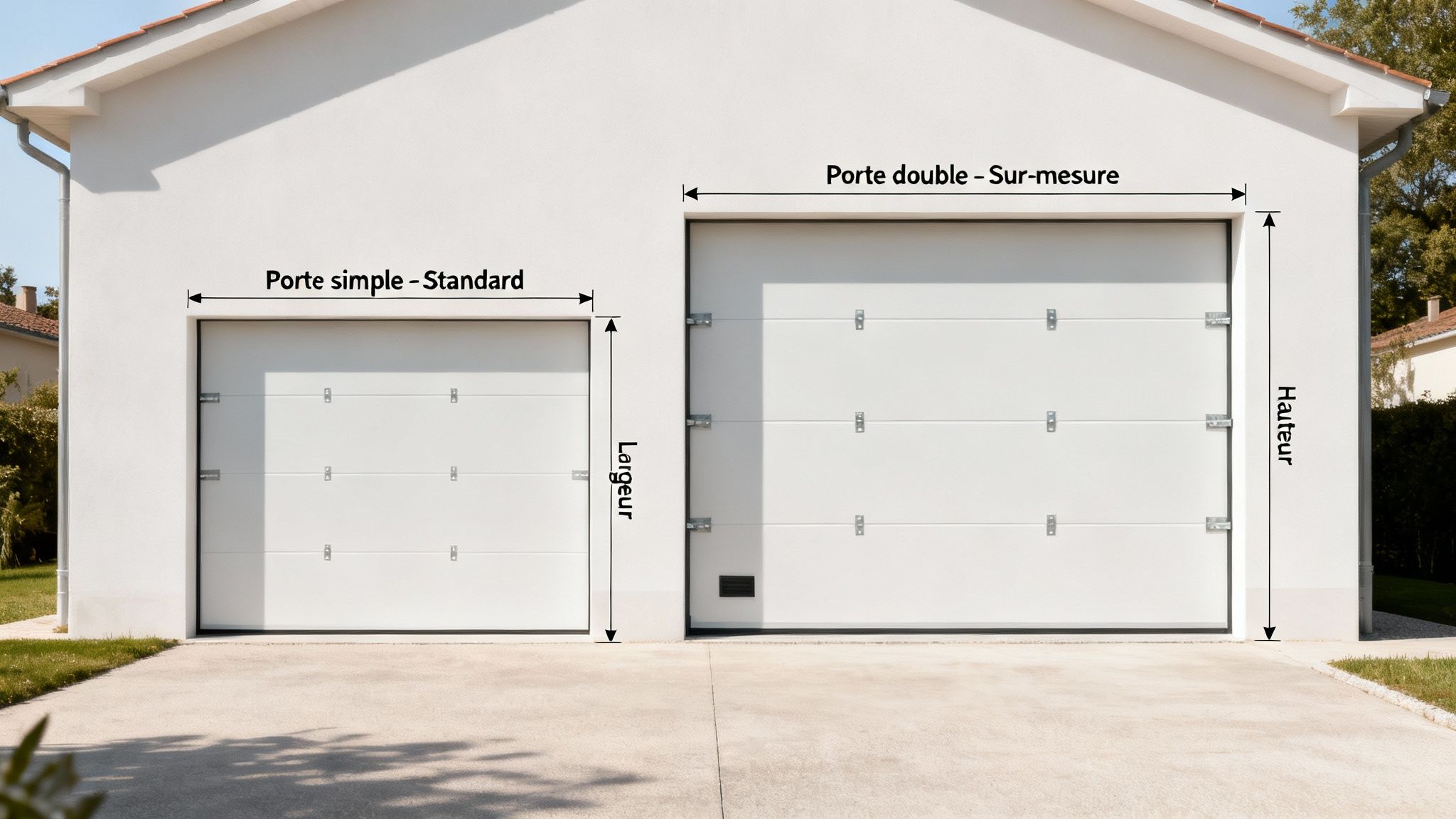 Deux portes de garage blanches, une simple standard et une double sur-mesure, avec dimensions illustrées.