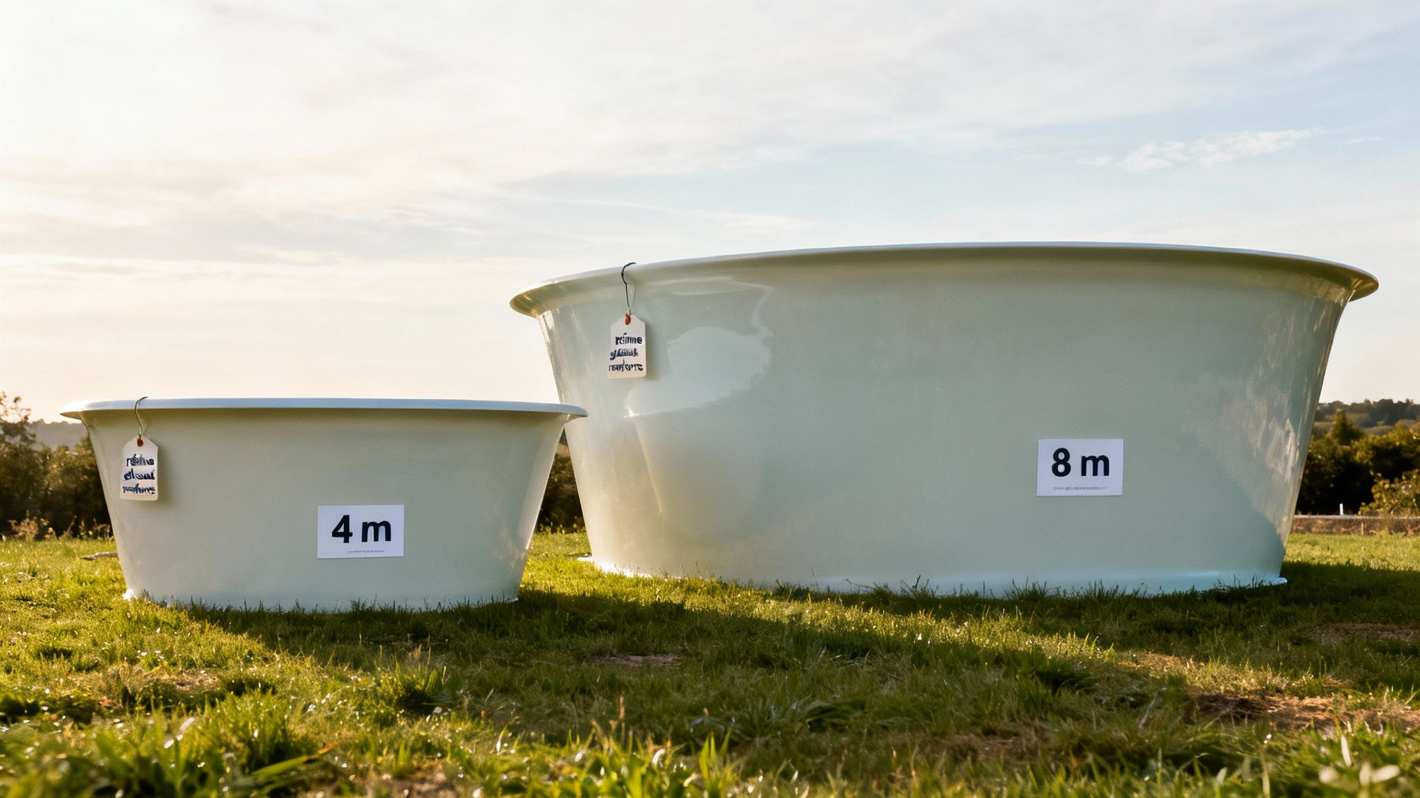 price of shell pools large tubs - Tout savoir sur le prix des piscines coques et budgets réalistes Grandes baignoires vertes mesurant 4m et 8m, posées sur l'herbe à l'extérieur, sous un ciel lumineux.