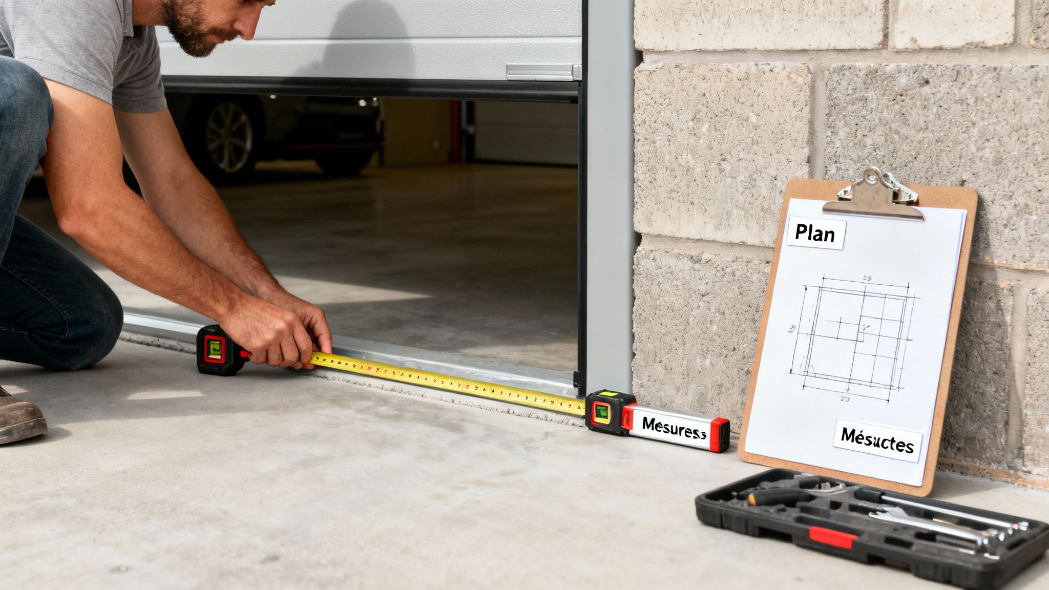 Un homme mesure l'ouverture d'une porte de garage avec un mètre ruban, un plan et des outils à côté.