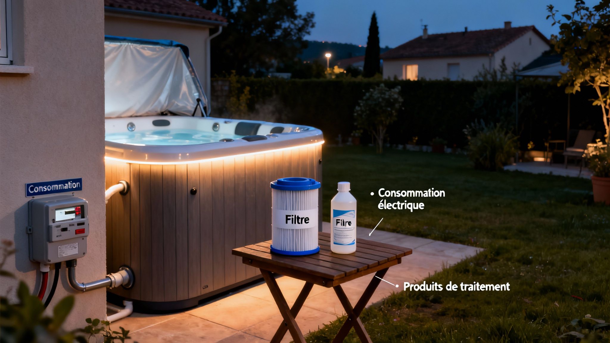 outdoor jacuzzi price jacuzzi costs - Prix jacuzzi extérieur: Guide des tarifs en Belgique et Luxembourg Jacuzzi extérieur éclairé la nuit, avec un compteur électrique et des produits d'entretien comme des filtres.