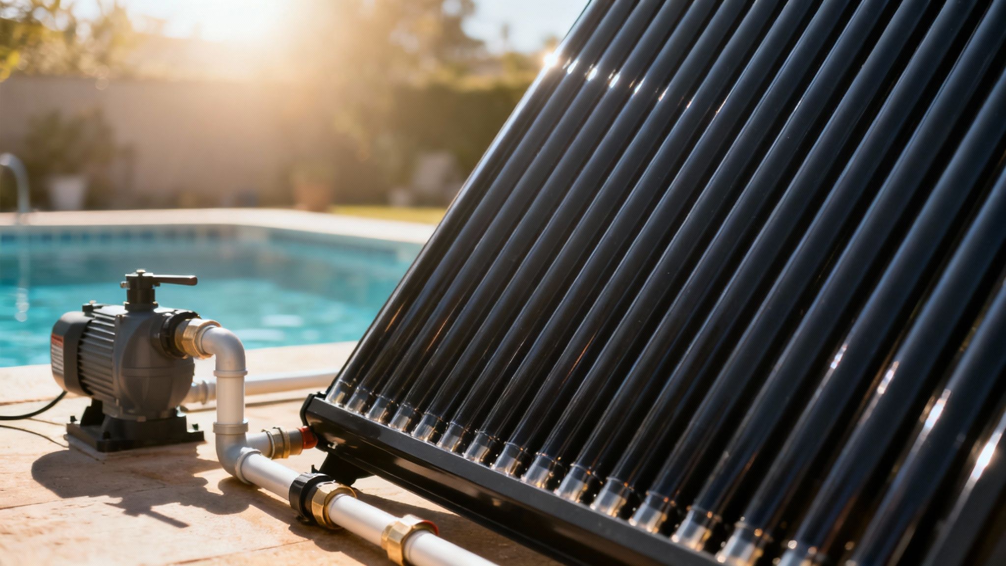 solar heating for pool solar collector - Chauffage solaire pour piscine: économie durable et confort pour spa, sauna et bain nordique Système de chauffage solaire pour piscine avec collecteurs à tubes sous vide et pompe près d'une piscine.
