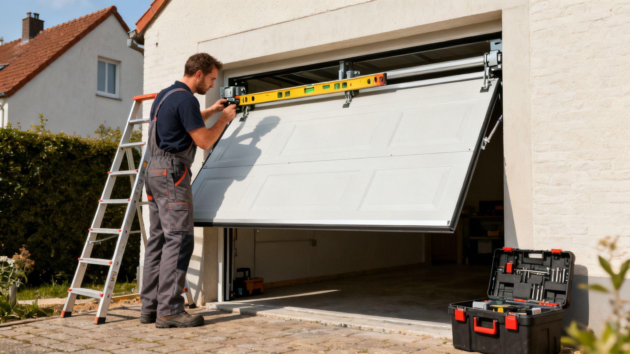 Un homme en salopette ajuste une porte de garage blanche avec un niveau à bulle, près d'une échelle.