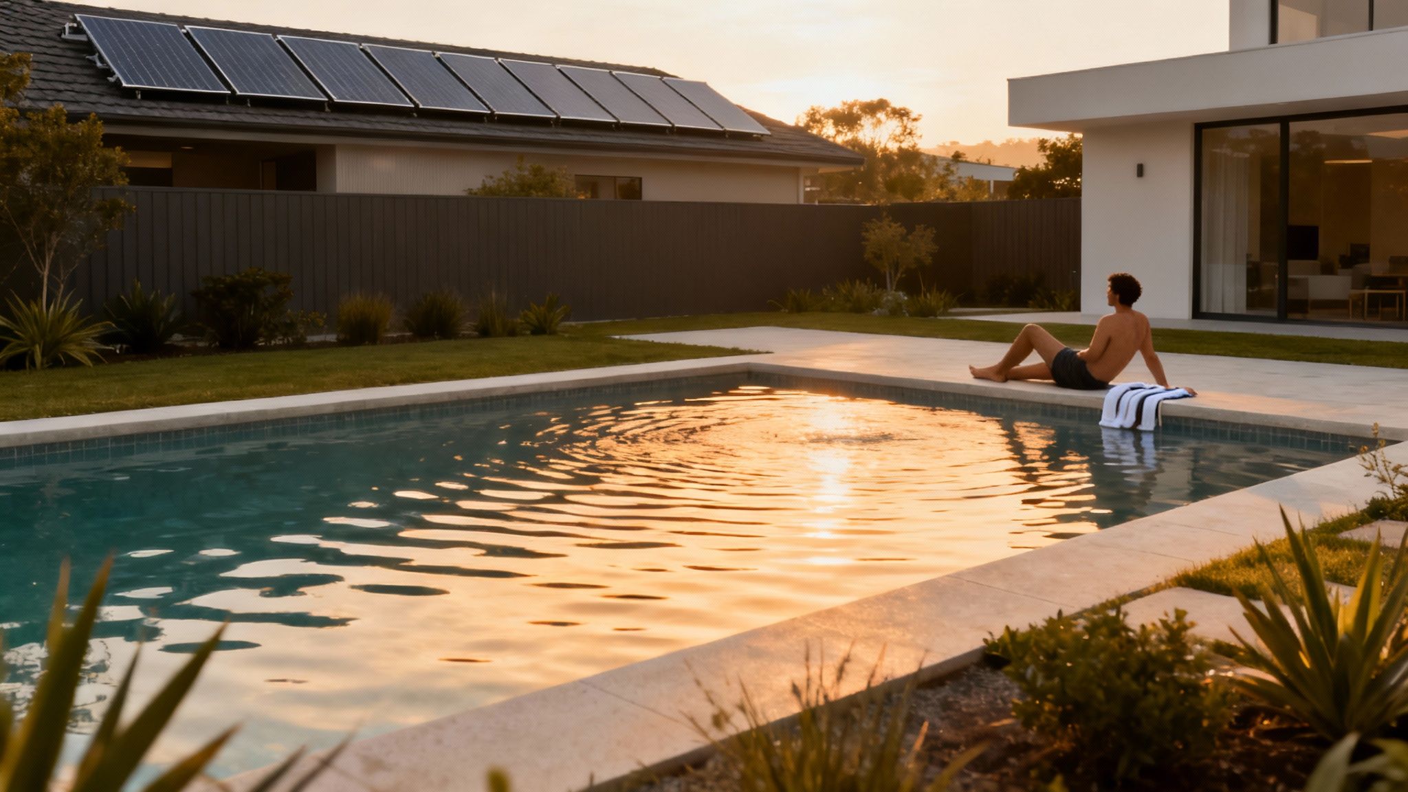 solar pool heating solar panels - Le guide du chauffage piscine solaire pour prolonger votre baignade Un homme profite du soleil au bord d'une piscine, avec des panneaux solaires sur le toit d'une maison moderne.