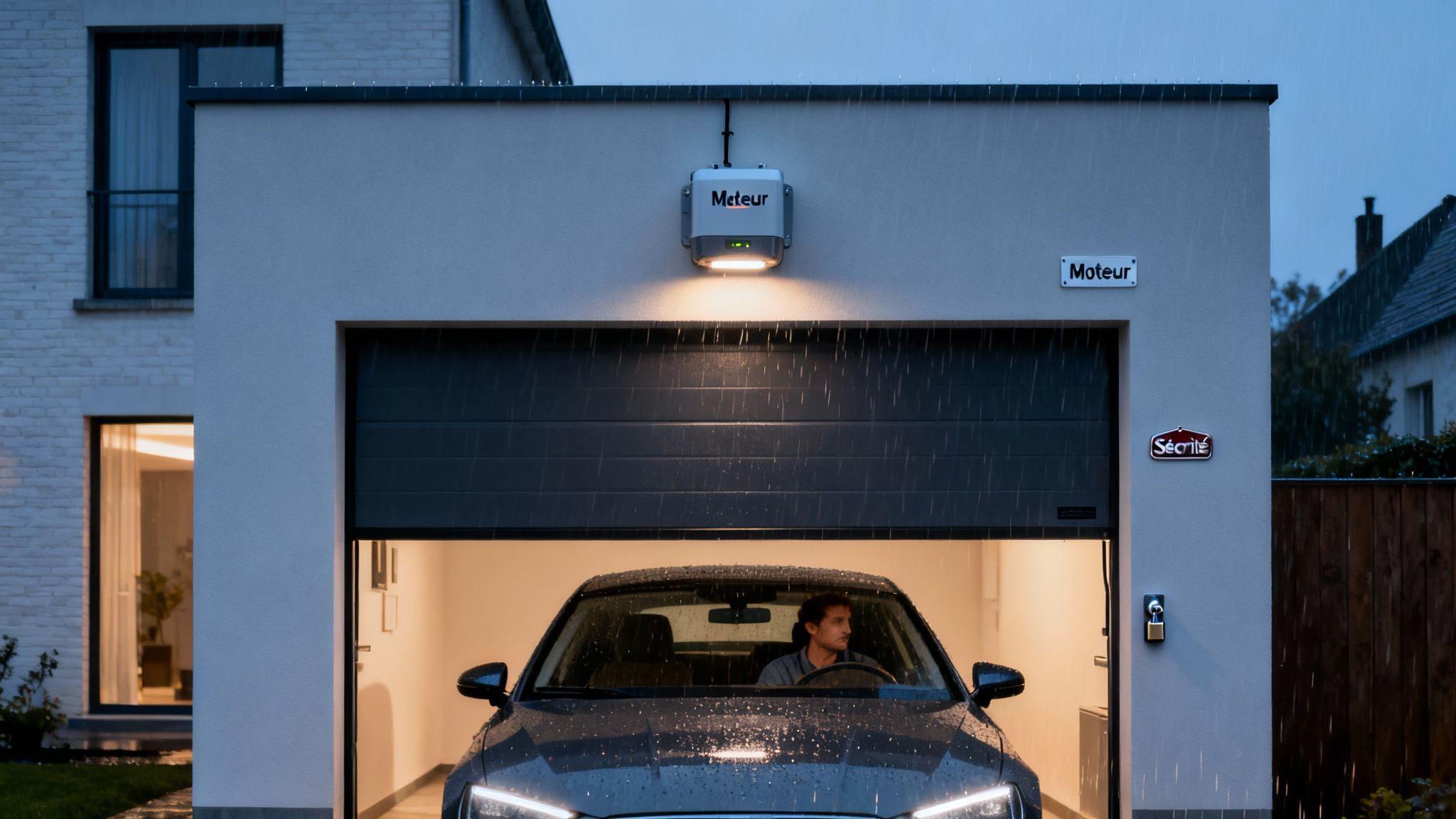 Façade de garage moderne sous la pluie, porte entrouverte, voiture avec conducteur à l'intérieur, équipement Moteur et Sécurité.
