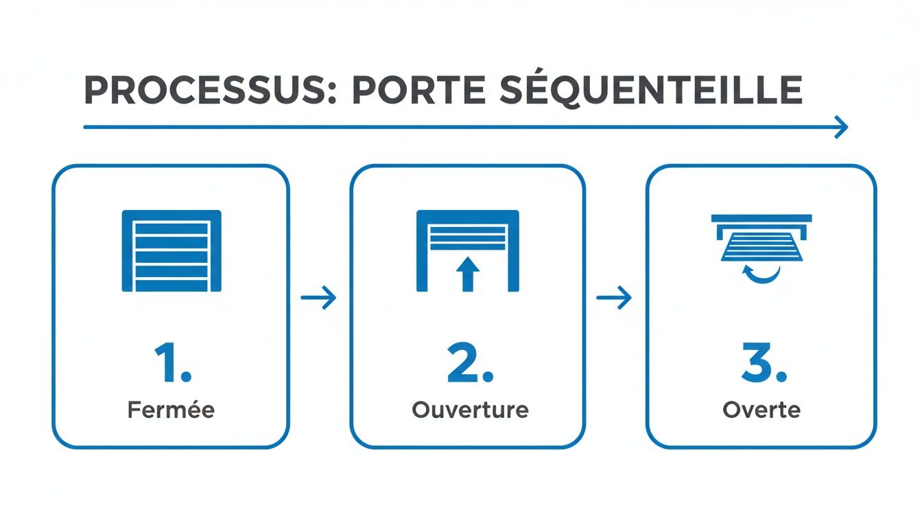 Diagramme expliquant le processus d'une porte de garage séquentielle, montrant les étapes fermée, en ouverture et ouverte.