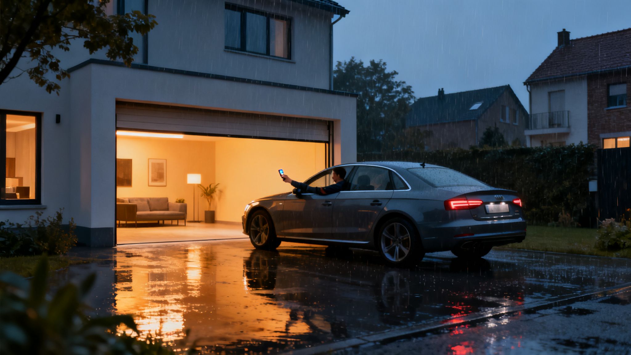 Une personne dans une voiture sous la pluie ouvre une porte de garage intelligente avec son téléphone, révélant un intérieur chaleureux.
