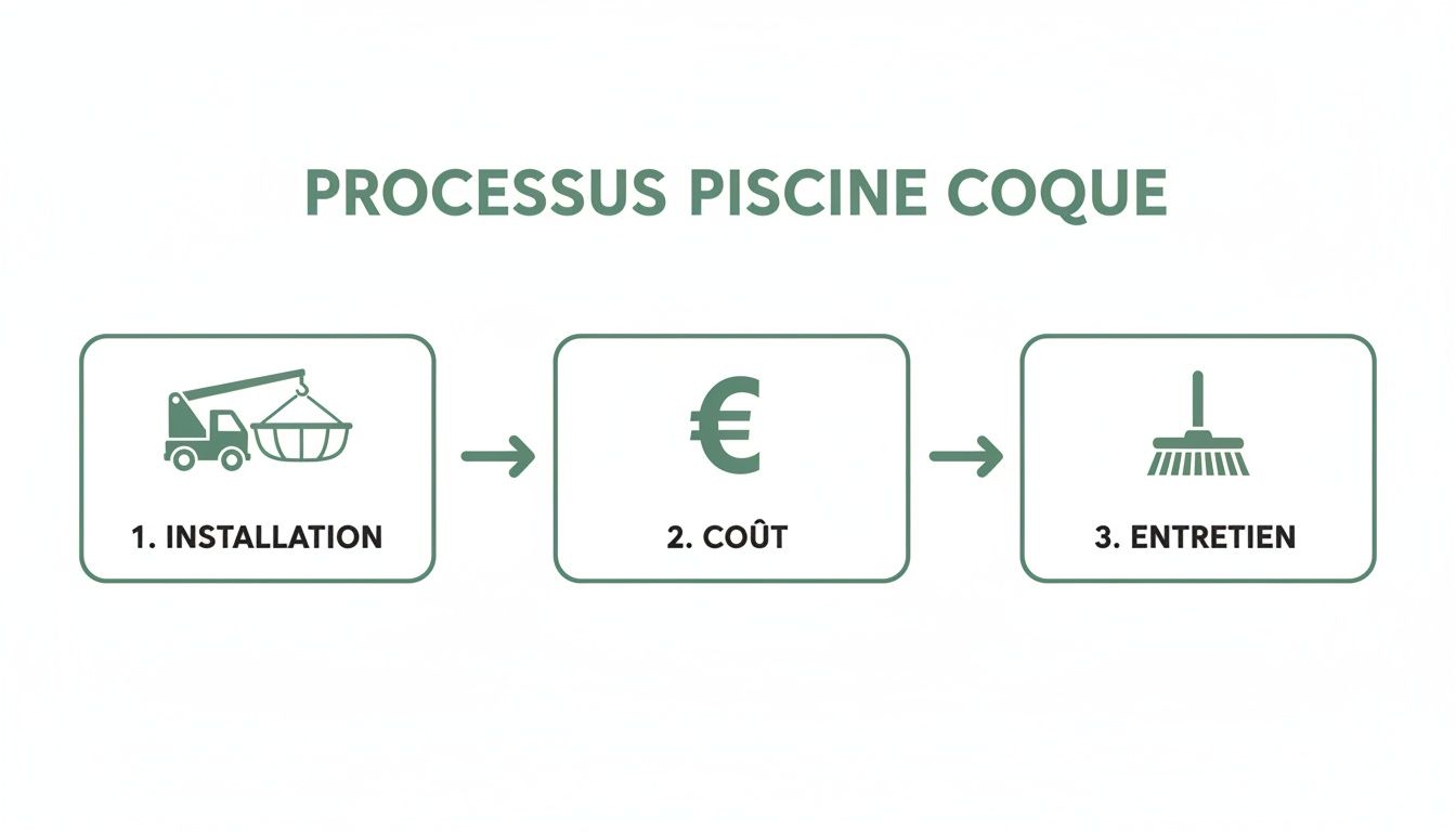 shell pool pool process - Le guide complet de la piscine en coque pour votre jardin Image décrivant les trois étapes clés du processus d'une piscine coque : installation, coût et entretien.