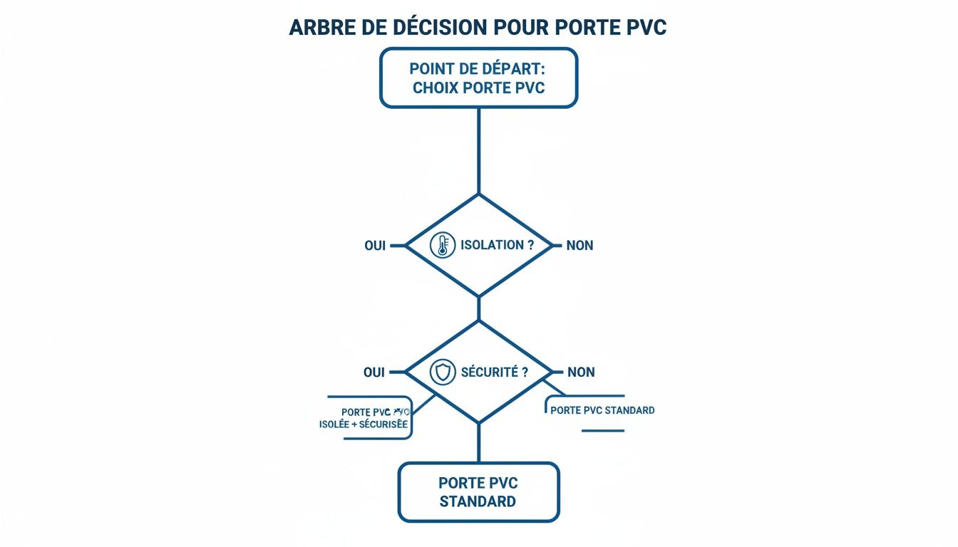 Un arbre de décision simple pour choisir une porte PVC, considérant l'isolation et la sécurité.