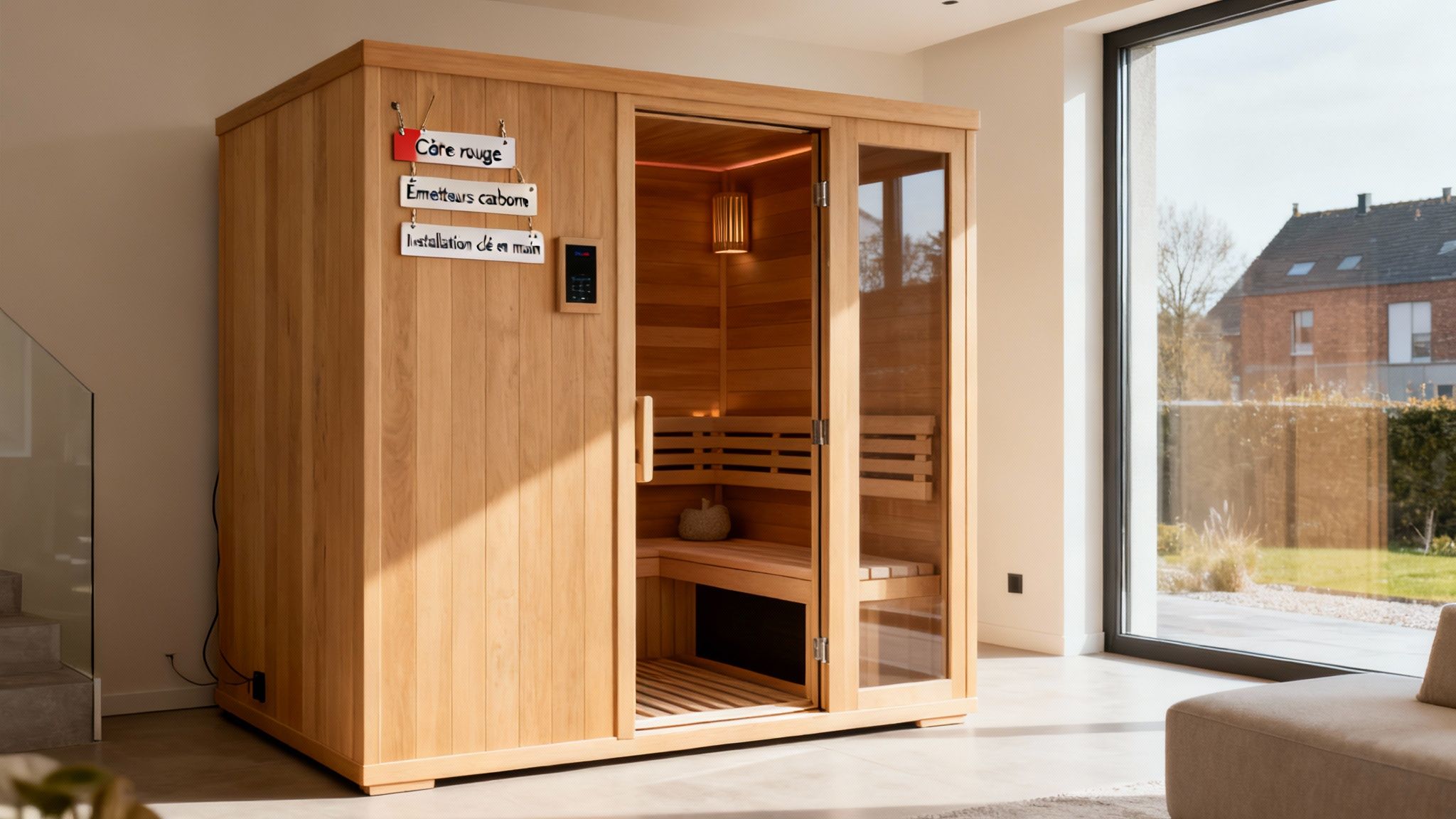 infrared sauna benefits infrared sauna - Découvrez sauna infrarouge bienfaits et comment ils améliorent votre santé Sauna infrarouge en bois clair dans un intérieur moderne et lumineux, avec des affiches informatives.