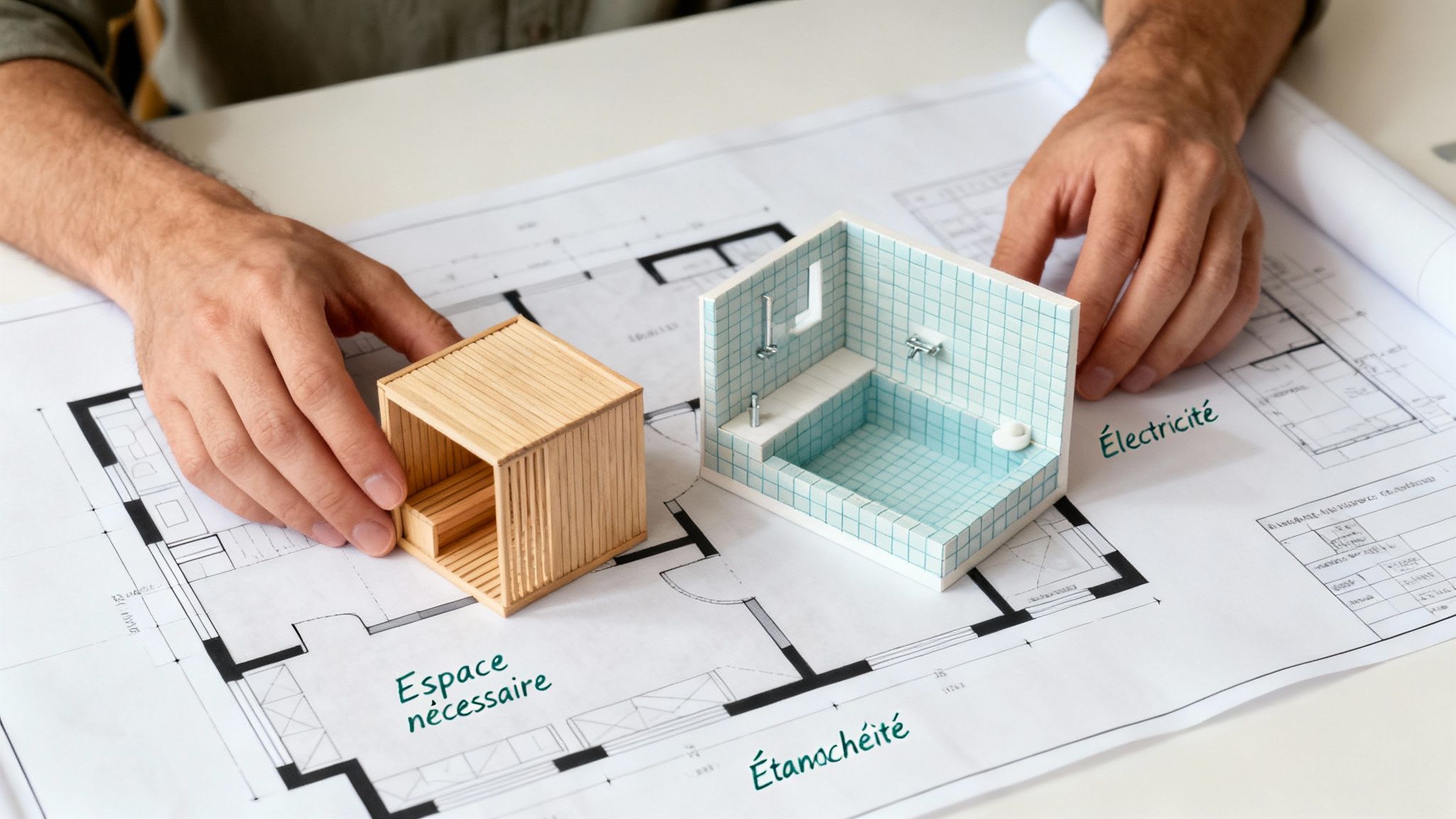 difference between sauna and hammam sauna hammam - Quelle différence entre sauna et hammam pour votre espace bien-être Des mains sur des plans d'architecte avec des maquettes de sauna et hammam, soulignant l'espace, l'électricité et l'étanchéité.