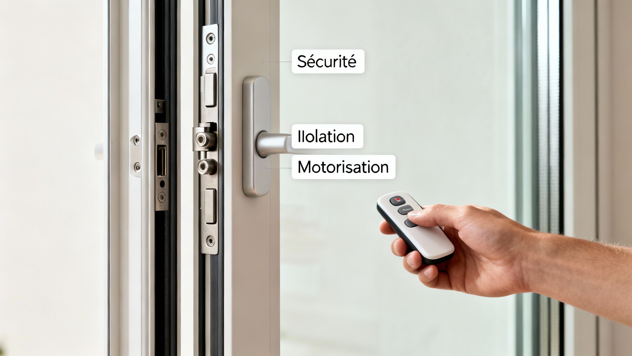 Main utilisant une télécommande pour une porte coulissante motorisée, soulignant la sécurité et l'isolation.