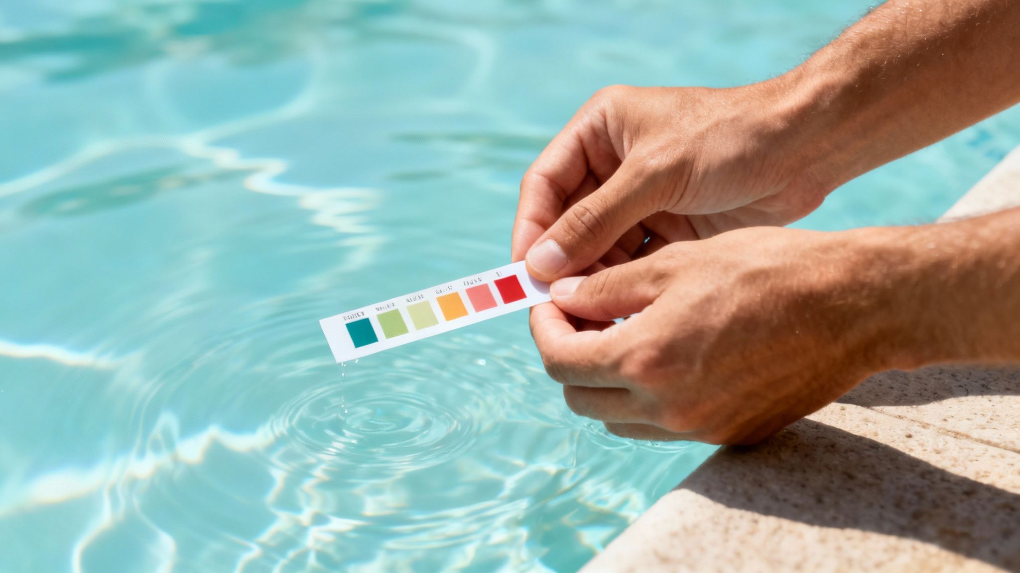 troubled pool water water test - Évitez les eaux troubles piscine : conseils rapides et efficaces Mains d'une personne testant la qualité de l'eau d'une piscine avec une bandelette colorimétrique.