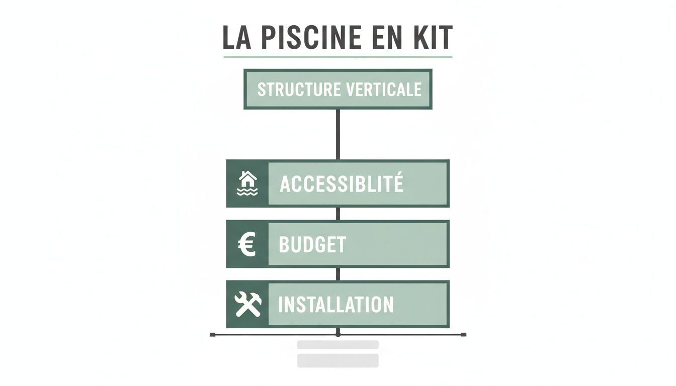 pool kit flowchart - Piscine en kit en Belgique guide pour un projet réussi Diagramme vertical 'La Piscine en Kit' détaillant les étapes structure, accessibilité, budget et installation avec icônes.