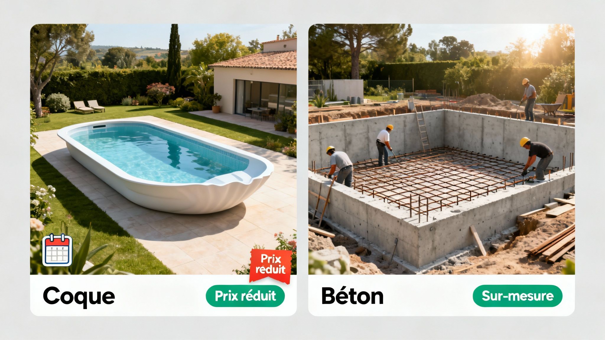 fiberglass pool price pool types - Prix piscine en coque et maîtrisez votre budget: coûts et conseils Piscines: une piscine coque prête à l'emploi dans un jardin et une piscine béton en construction avec des ouvriers.